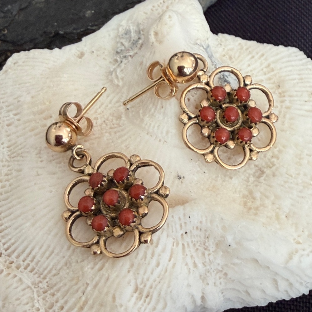 Vintage Zuni Native American Handcrafted 14K Red Coral Earrings - Picture 13 of 15